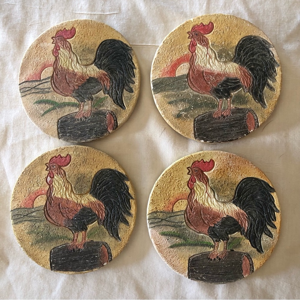 Handpainted Rooster Coaster Set - Rustic Farmhouse Look